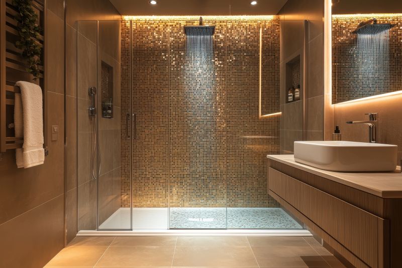 High-end tiled bathroom with modern accents